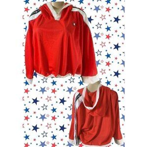 Champion XL Red Logo White Striped Drawcord Hem 3/4 Zip Sleeve Crop Hoodie Top
